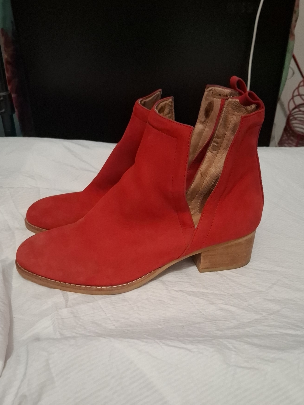 Jeffrey Campbell ORiley Red Suede Ankle Booties with Low Block Heel. Sz 10